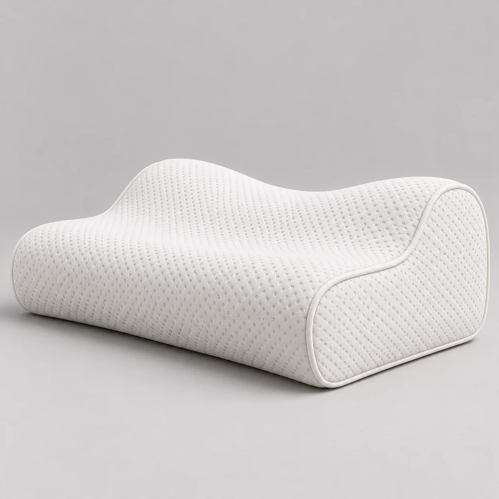 Papillon Fine Bedding Contour Memory Foam Pillow - Neck Support Curve, Medium-Firm, Piped Knit Cover